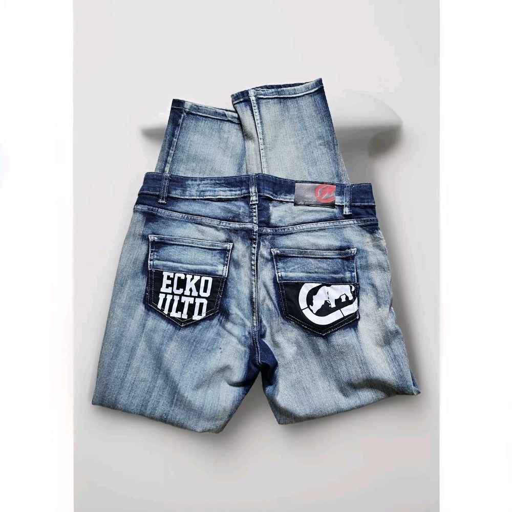 Ecko Unltd Mens Blue Athletic Straight Denim Jeans Size 34 Y2K Pants Acid Wash